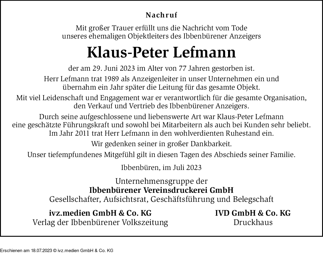 IVZ Trauer Klaus Peter Lefmann