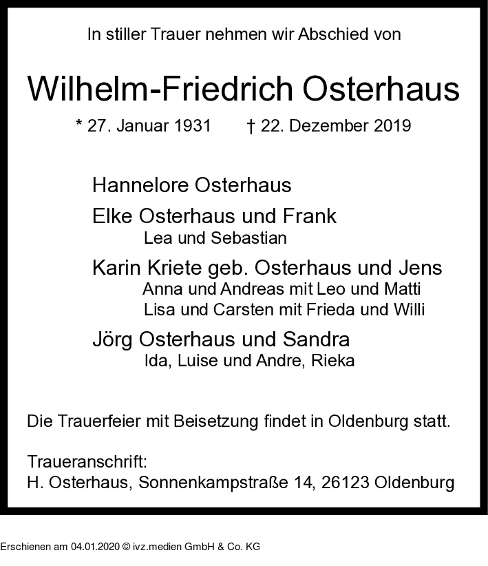 Ivz Trauer Wilhelm Friedrich Osterhaus